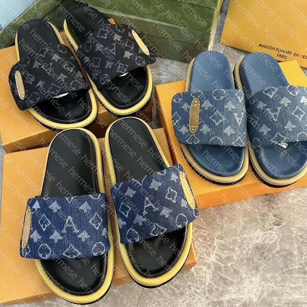 Designer Slides Pool Pillow Muls Men Slippers Flat Slidrs Sandals Men Women Slippers Slids Prints Denim Embossed Slide Sandal Flat Scuffs Summer Bea