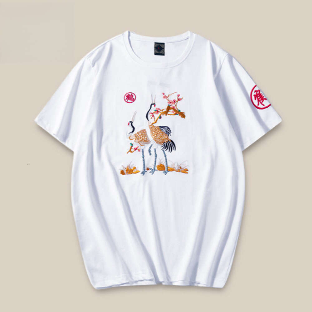 Men's T shirt New Chinese Style Auspicious Crane Embroidery Combining Traditional Two crane Elements With Plum Branch Patterns Bright Comfortab