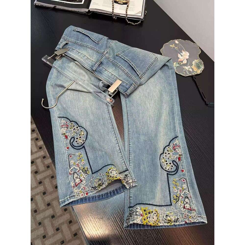 New DesignChinese-Style Embroidered Flared Jeans For Women, 2025 Summer Thin Style, Plus Size, Loose Fit, Slimming Straight Wide-Leg Pants
