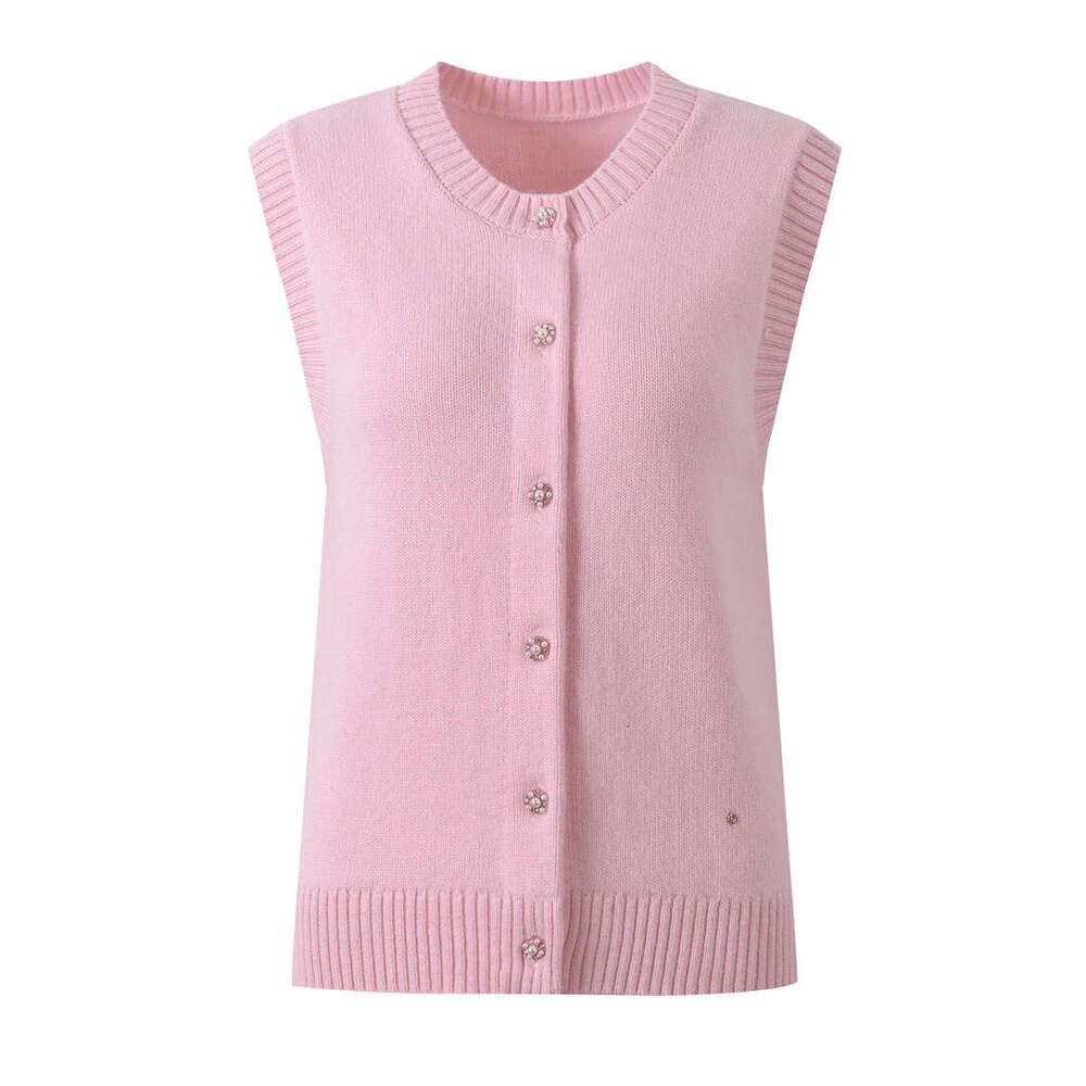 2026 Summer New Women's Sweet and Cute Aging Reducing Diamond Beaded Pink B17 Knitted Cardigan Sleeveless Women's Tank Top