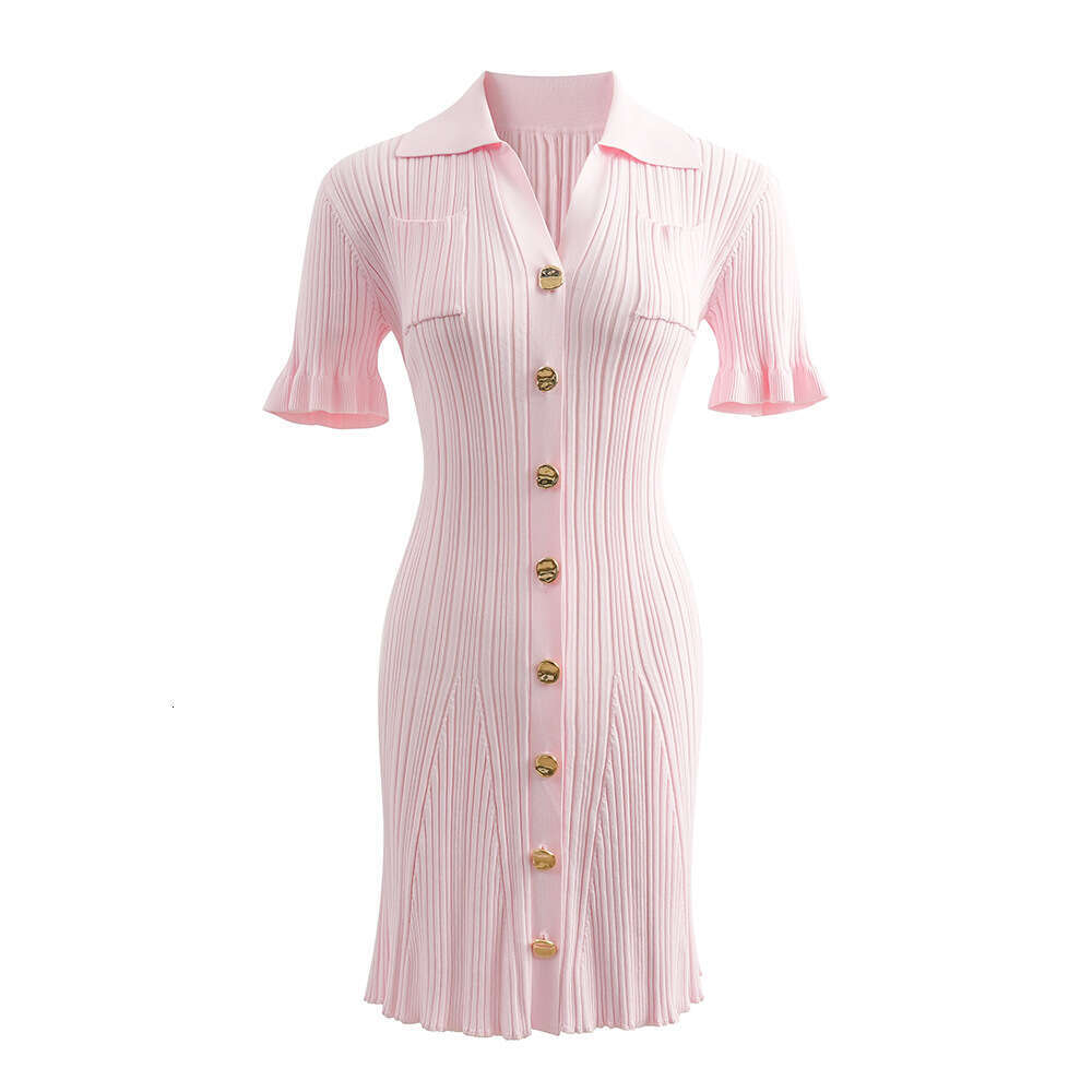 Robe d'été rose pour fille, douce, col chemise, manches à volants, sangle à la taille, jupe parapluie, sirène tricotée, amincissante, N18, 2026