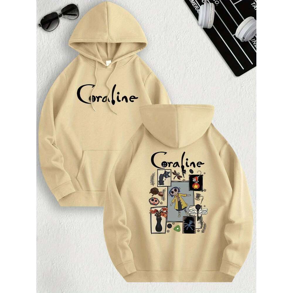 Coraline Inspired Casual Hoodie for Women's Polyester Knit Fabric Long Sleeve Regular Fit Hooded Pullover with Slight Stretch Z260207