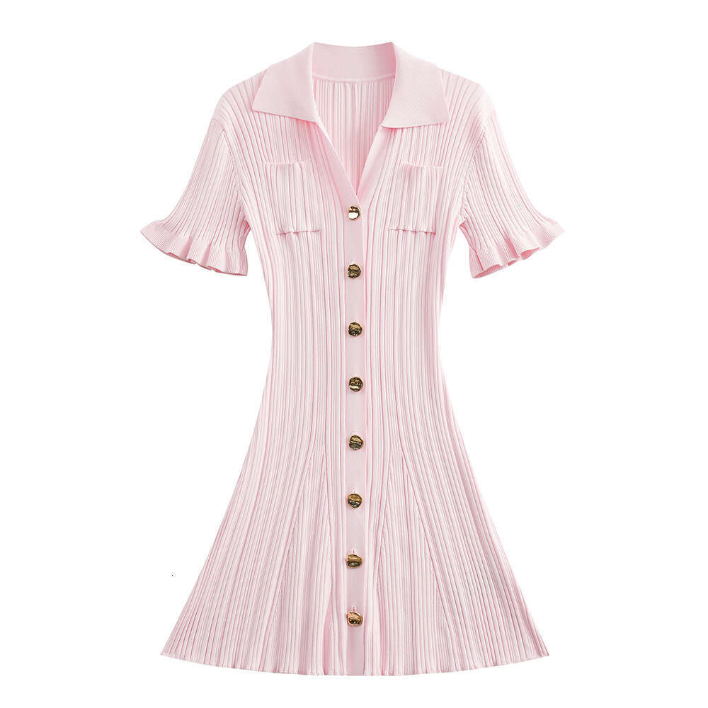 Robe d'été rose pour fille, douce, col chemise, manches à volants, sangle de taille, jupe parapluie, sirène tricotée, amincissante, M19, 2026