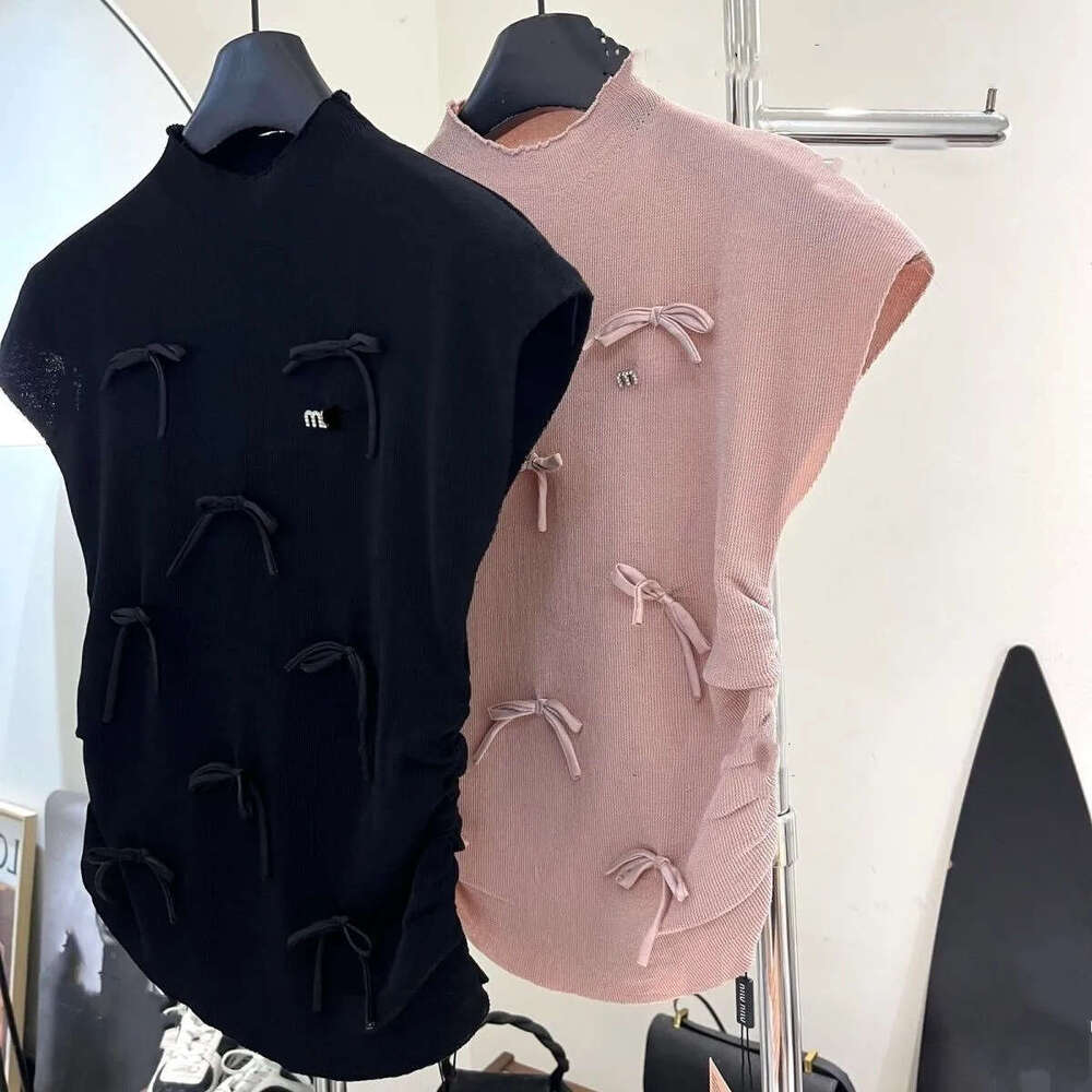 2026 New Women's H23 Stand up Collar Knitted Bow Stickers Letter Logo Water Diamond Stickers Top Summer T-shirt