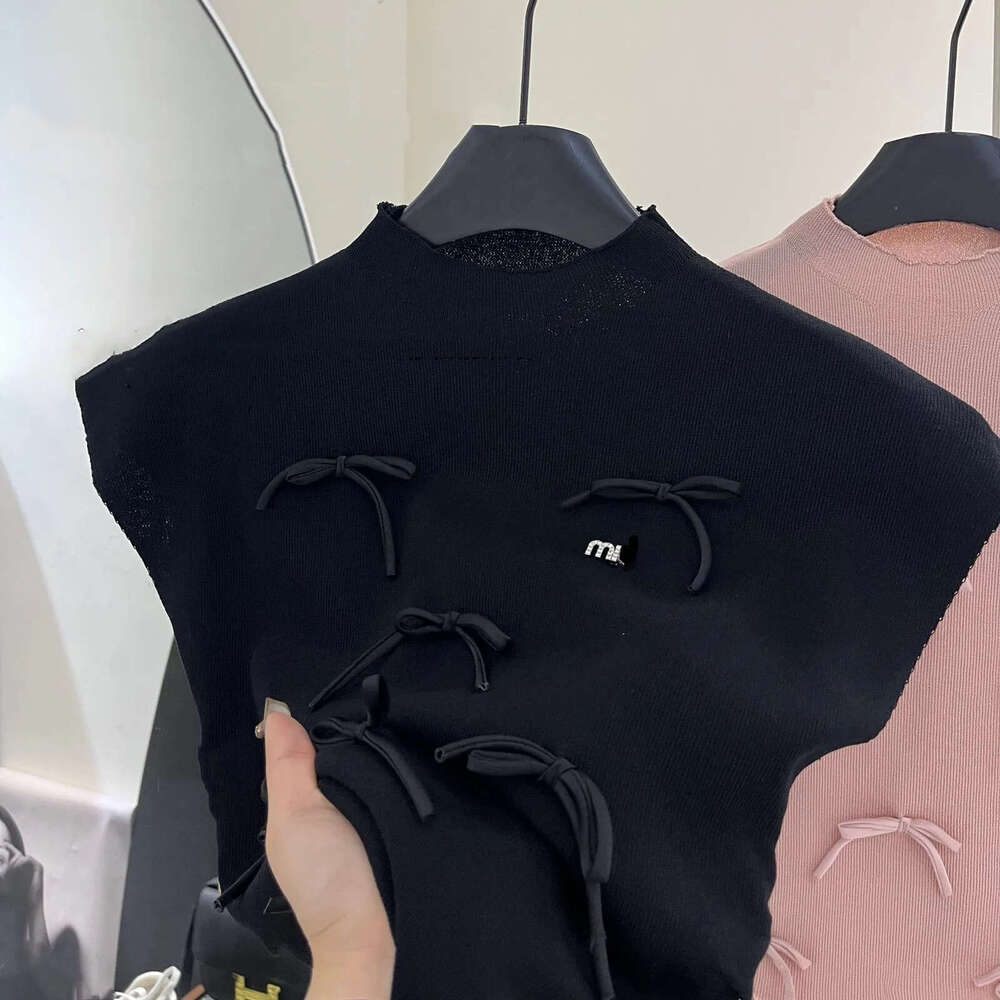 2026 New Women's Stand up Collar Knitted Bow Stickers M19 Letter Logo Water Diamond Stickers Top Summer T-shirt
