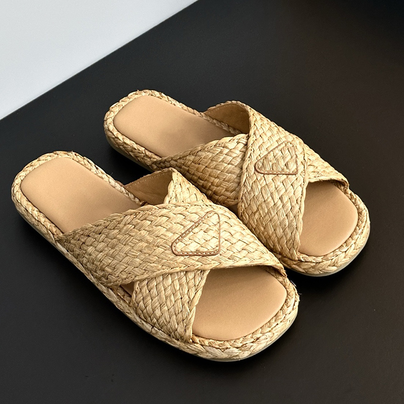 (Commandez par photo en opt, pas par desc) Sandales à glissière croisées en raphia pour femmes - Diapositives à plateforme plate tissées à la mai