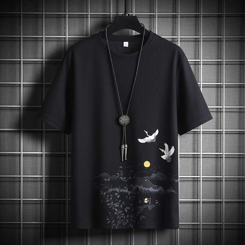 Men's T shirt New Chinese Style Auspicious Print Combining Traditional Crane Elements With Ink Landscape Comfortable Soft