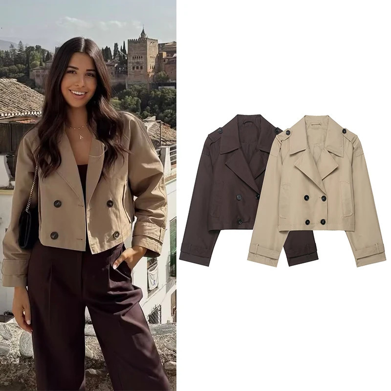 Womens Fashion Double Breasted Short Trench Coat Turn-down Collar Long Sleeve Coats Vintage Female Outerwear Chic Tops 260207BJ