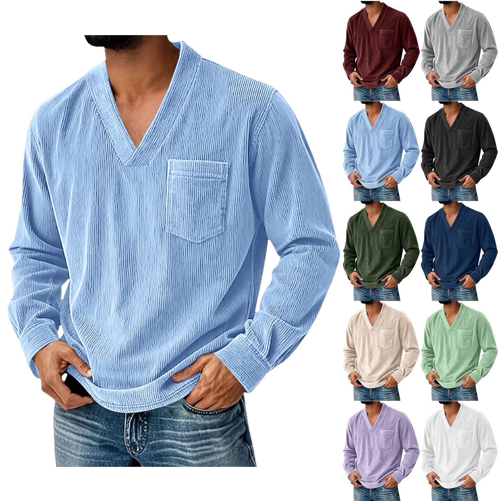 Designer men's shirt Corduroy Loose Multi color Long sleeved Shirt for Men Simple Casual V-neck Shirt Spring and Summer New