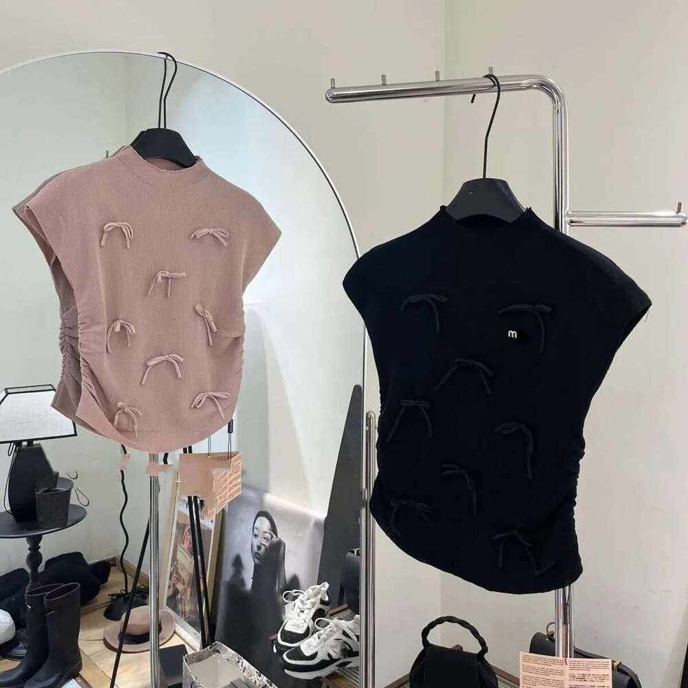2026 F21 New Women's Stand up Collar Knitted Bow Stickers Letter Logo Water Diamond Stickers Top Summer T-shirt