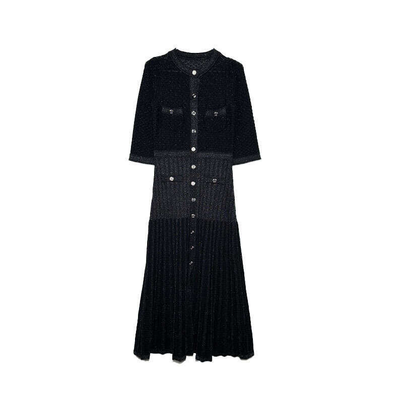 Robe longue en tricot français SD Champagne, taille longue, fil d'or, col rond, Crochet N18, ajouré, amincissante, automne/hiver 2026