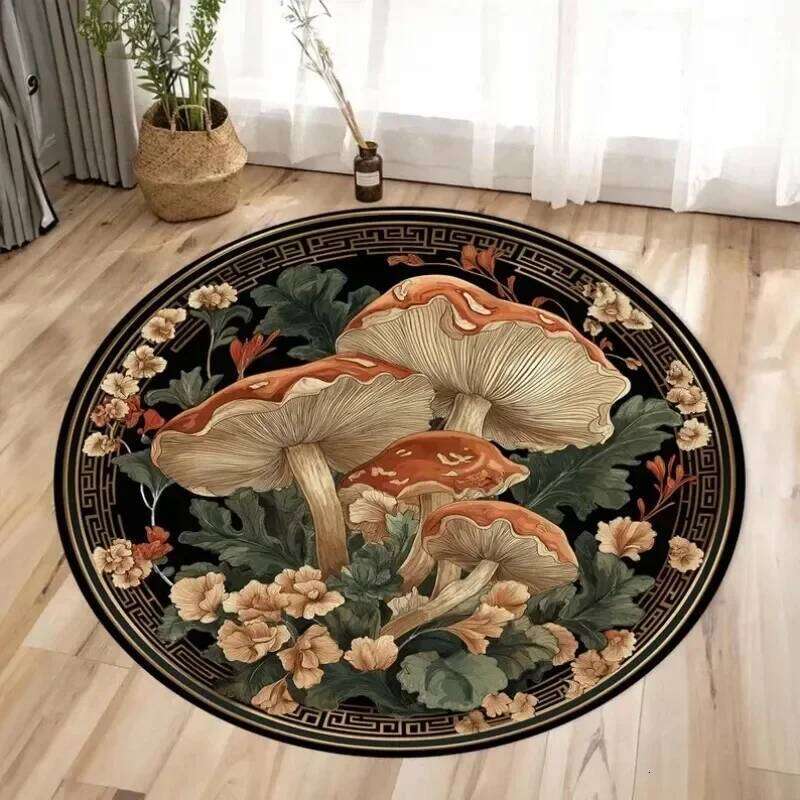 Mushroom Pattern Circle Carpet Utility Round for Living Room Bedroom Deco Kitchen Under Table Floor Mat Non Slip Vintage Rug H260226-image-1095581710