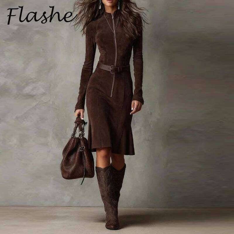 New Fashion Temperament Zipper Long Sleeve Party Autumn Winter Elegant Midi Dresses For Women Office Dress