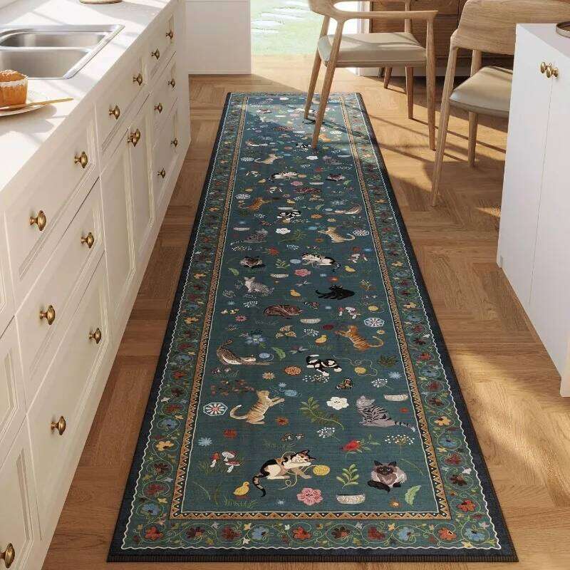 Vintage Cat Runner Rug Colorful Kitten Floral Print Carpet Home Decor Non-Slip Animals Floormat for Hallway Entryway Bedroom H260226-image-1095607843