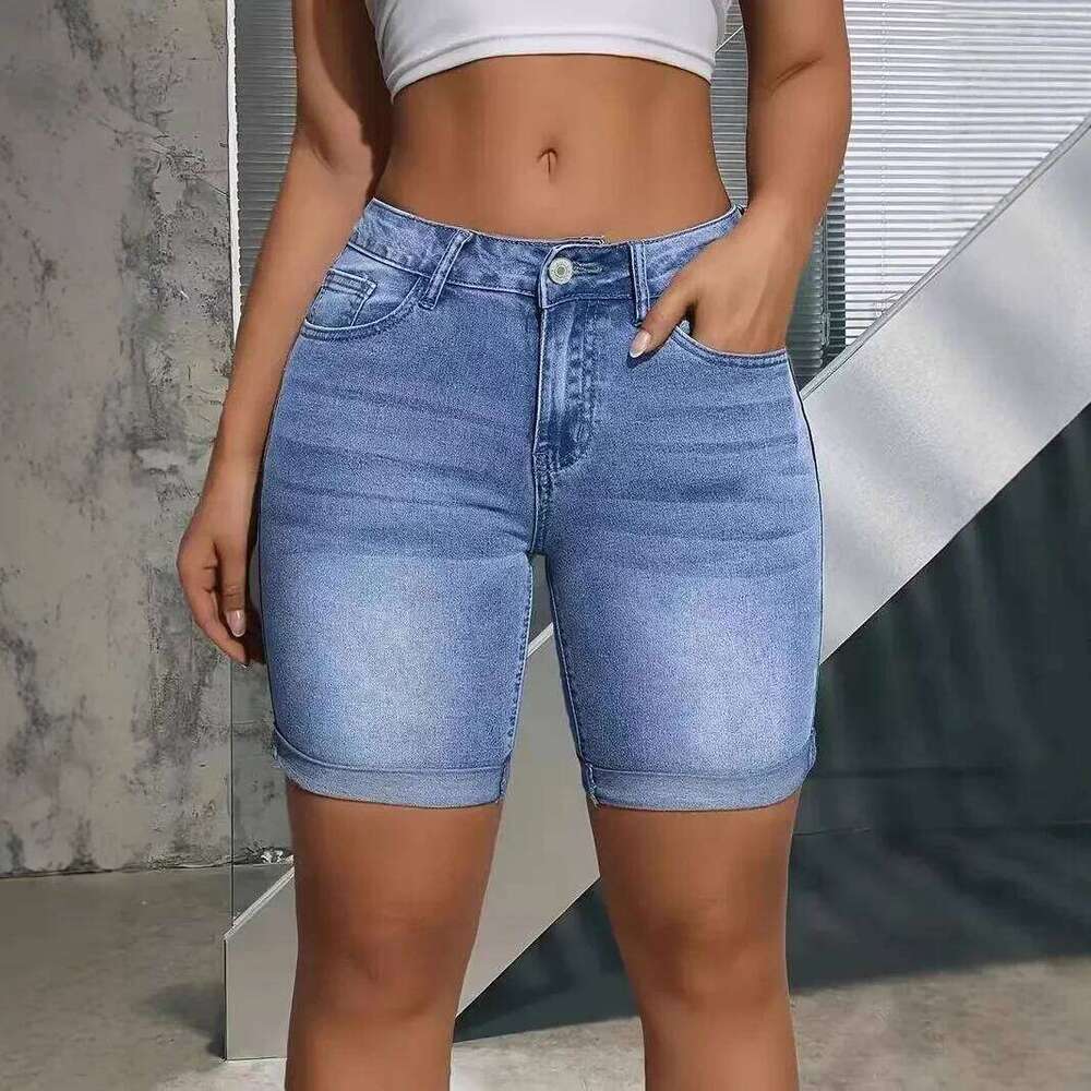 Bleached Jeans Shorts Denim Women Jean High Waist Spliced Pockets Washed Solid Vintage Basics Zipper Fly Skinny Summer H260226-image-1095496989