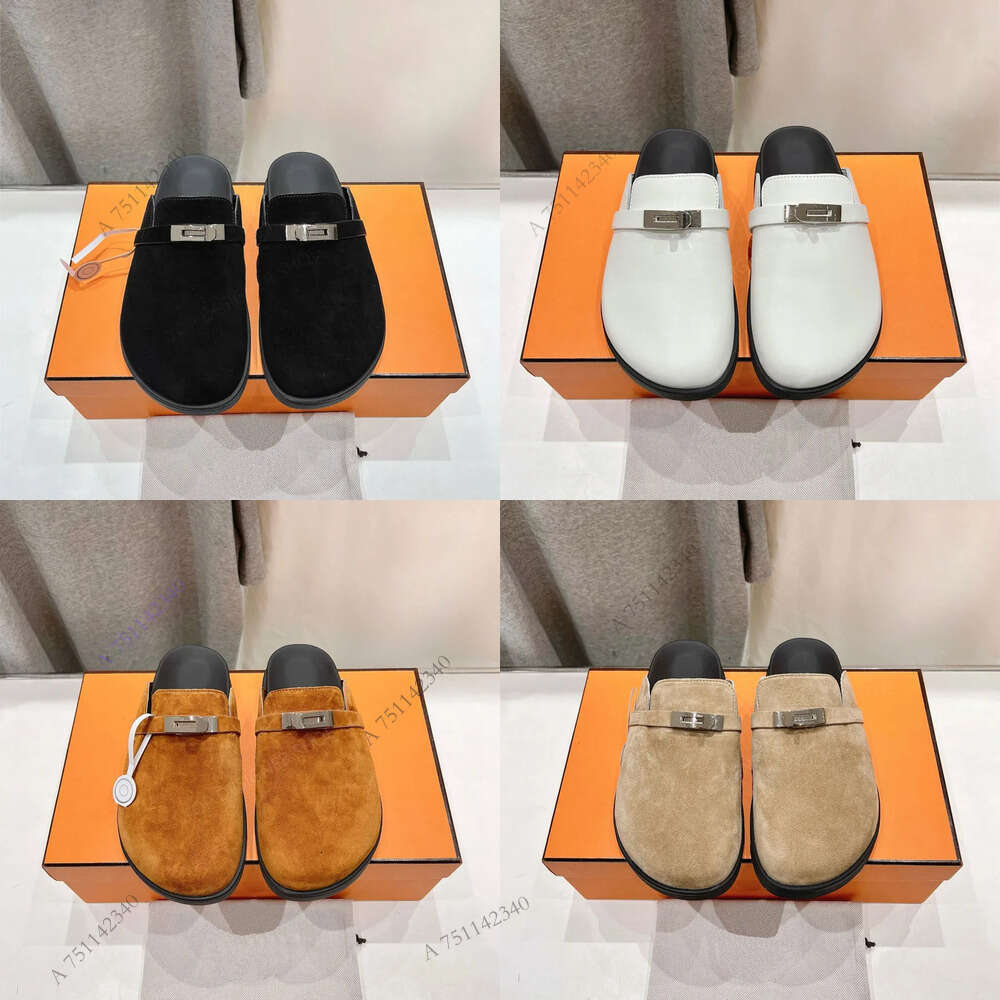 fcc Top quality Sier buckle Suede Unisex Slippers colg sandals men Mules Flat Real leather Scuffs Designer slides for womens man Vacation shoes top