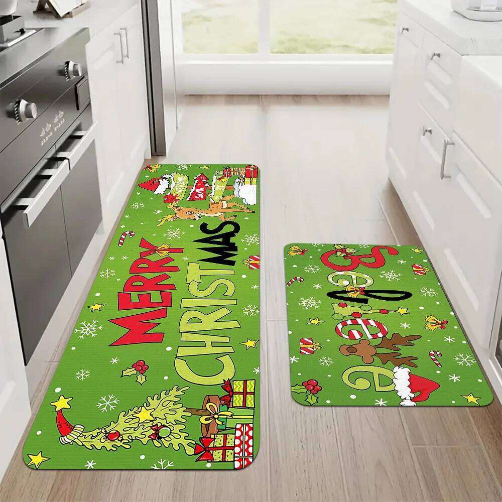 VIKAMA 2pc Christmas Reindeer Snowflake Pattern Rug, Warm Non-Slip, Dirt-Proof Carpet, Home Decor, For Kitchen & Laundry Room H260226-image-1095582738
