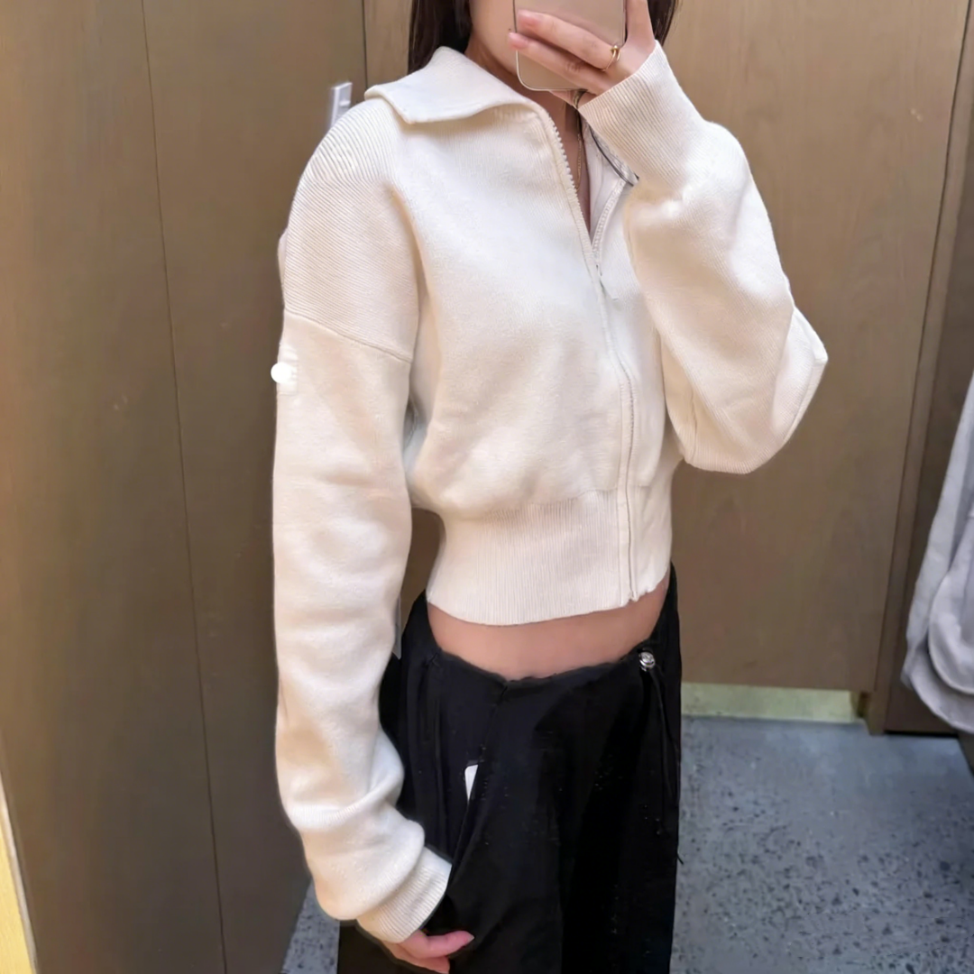 Femmes Designer Knit Scholar Knit Cropped Full Zip Vestes Yoga Cardigan Serenity Pantalon de survêtement à jambe large Pull tricoté d'hiver Gym O