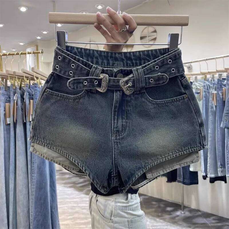 New Retro Design Denim Shorts Women High-waisted Lace-up Jeans with Belt Pockets H260226-image-1095496706