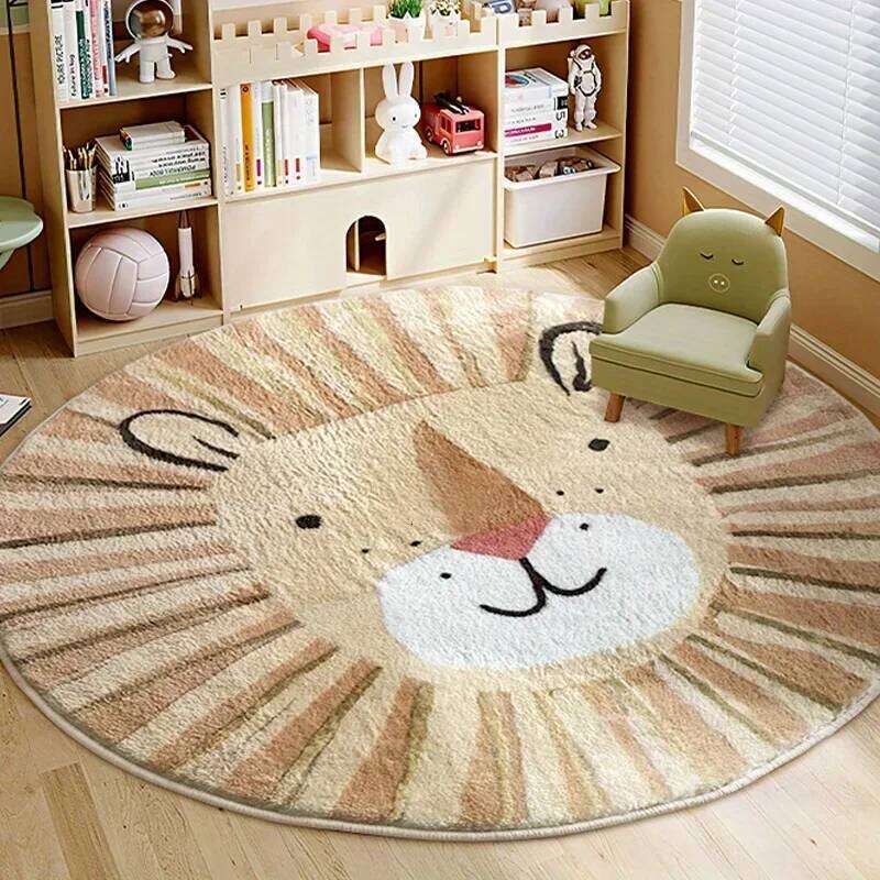 Cartoon Cute lion carpet Children home decoration Fluffy Soft Carpet for Living Room sofas Round Animal Rug Thick Plush Mat H260226-image-1095606933