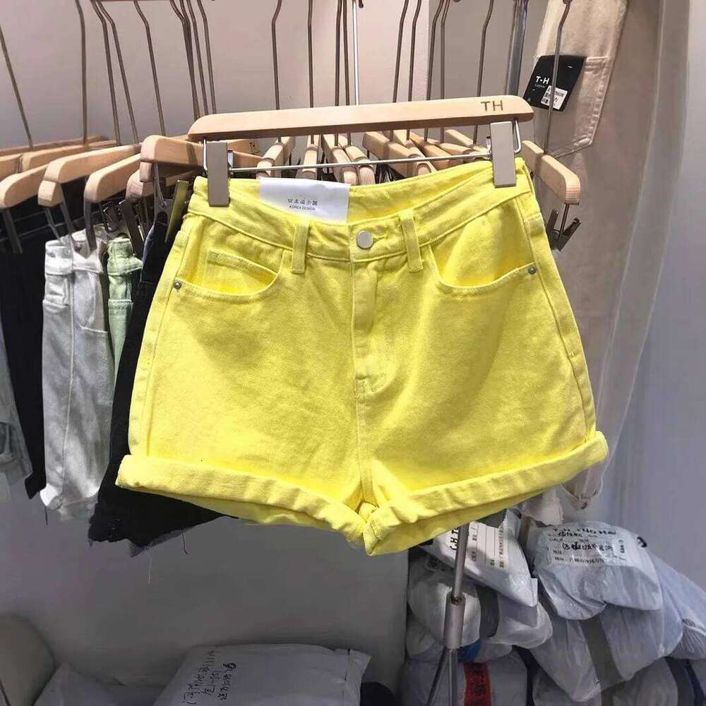 Lemon Yellow Denim Women's 2026 New High Waist Wide Legs Thin Hot Pants Jean Shorts H260226-image-1095496610