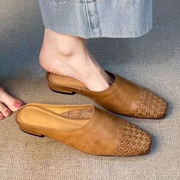 Version en peau de mouton ~ mules françaises rétro tissées à bout fermé pour femmes, sandales décontractées à enfiler à la mode pour vêtements d'