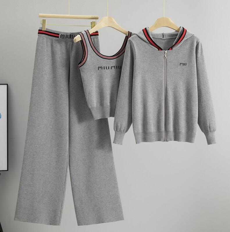 Women's Tracksuits Designer three piepants set women sweater vest Wide leg knitted pants sets zipper hooded sweaters for womens tracksuits