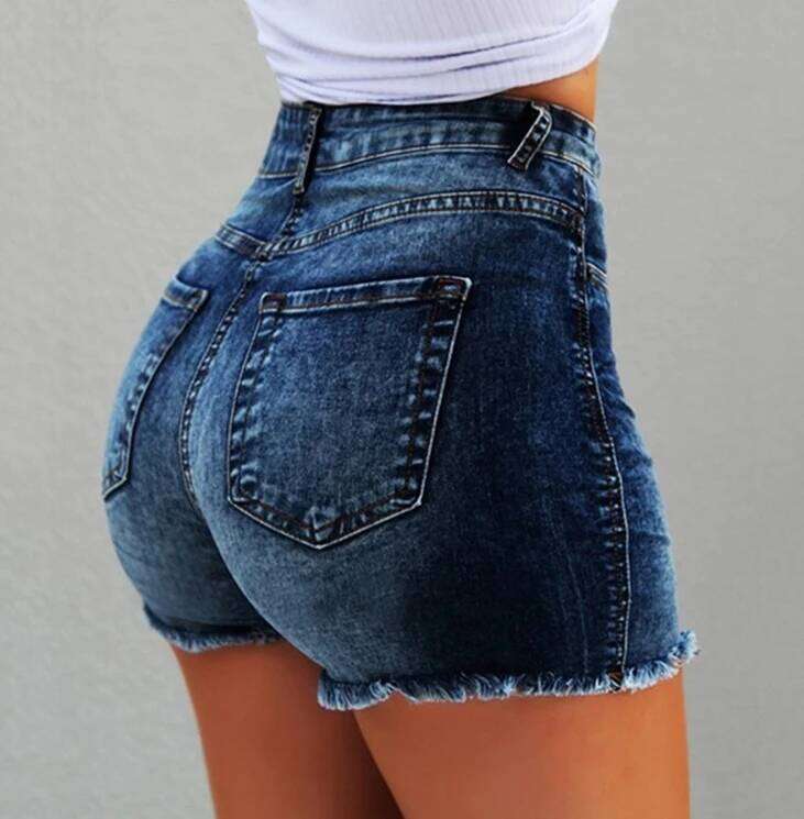 Women's Versatile Frayed Hem Denim Shorts High-Waisted Silhouette Slim Fit Fashionable Bottom H260226-image-1095496729