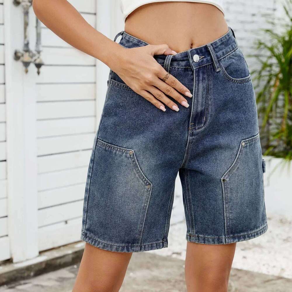 Straight Pants Women Denim Shorts Vintage Jeans Knee Length Trousers Mid Waist Washed Distressed Pockets Female Streetwear H260226-image-1095497023