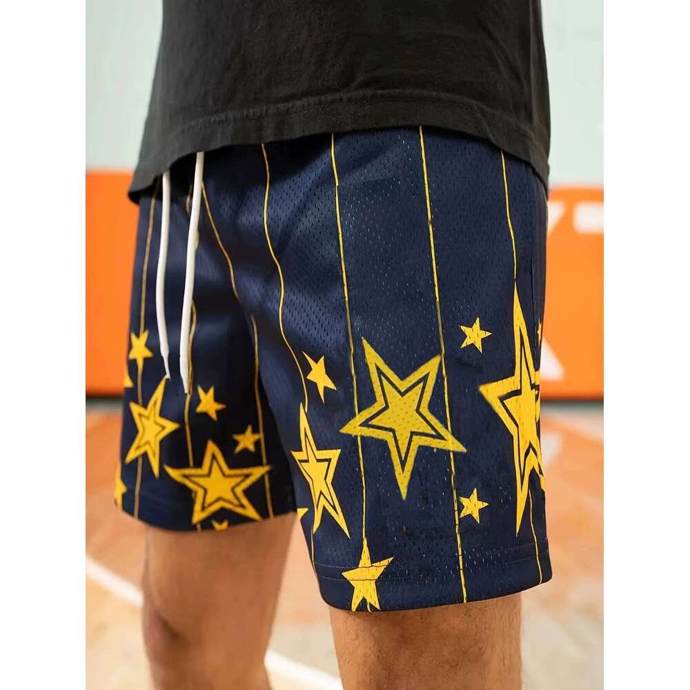 2026 fashion best-selling new models mens navy blue yellow geometric star pattern athletic Y2K oversized quick shorts H260226