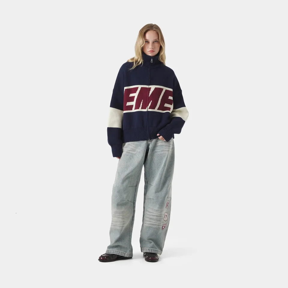 Eme Retro Original Style Color Contrast Letter Knitted Cardigan Y2k American Casual Zipper Sweater For Men And Women 260202