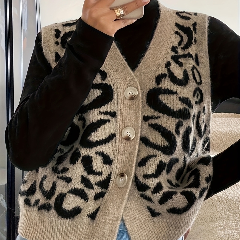 Womens Autumn and Winter Fashion Elegant V Neck Open Placket Collar Button Sleeveless Leopard Print Stylish Unique Niche De 260129CJBJ