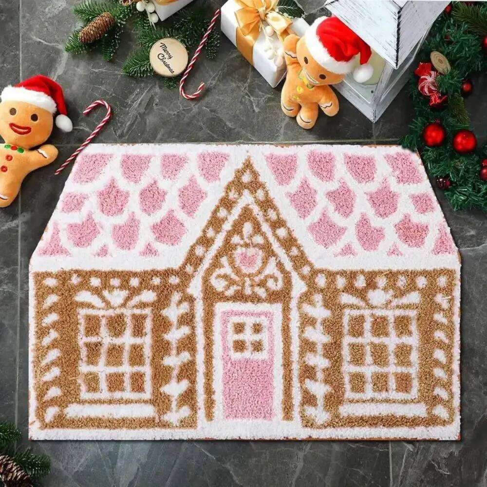 VIKAMA Christmas Gingerbread House Wool-like Carpet Water-Resistant Soft Bath Mat Bedside Rug for Bedroom Winter Home Decoration H260226-image-1095605738