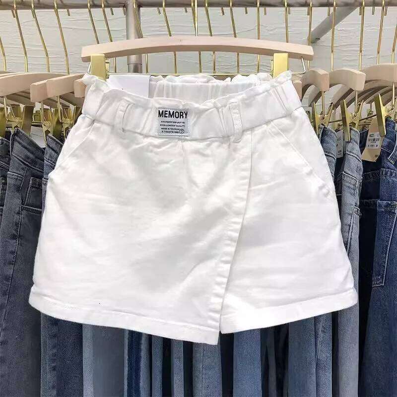 Fake Two Piece White Denim Skirt PURE COTTON Short Pant Asymmetric Elastic Waist Young Women Sweet Summer Skirts Korean Stylish H260226-image-1095496736