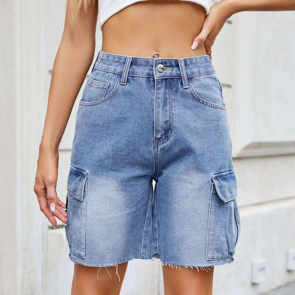 Jeans Cargo Pants Women Straight Denims Multiple Pockets Washed Distressed Streetwear Female Vintage Knee Length Trousers H260226-image-1095496988