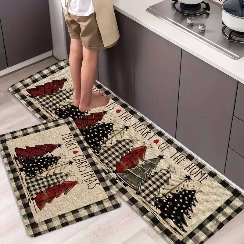 VIKAMA Christmas Tree Theme Rug, Soft Non-Slip Home Decor, Entrance Hall Doormat, Kitchen Two-Piece Set, Bathroom Foot Mat H260226-image-1095593339