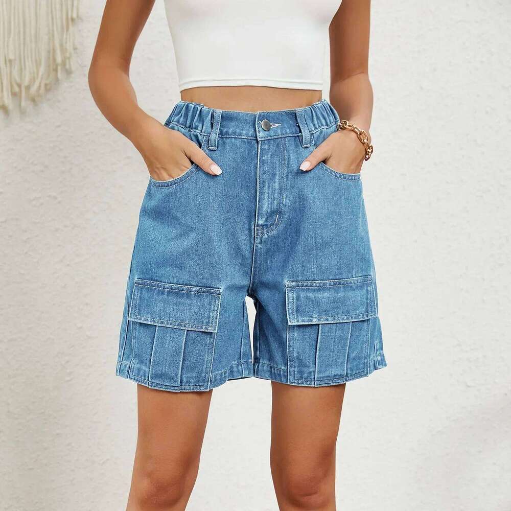 Jeans Women Cargo Pant Short Pants Slim Fit Casual Elegant Splice Denim Trousers Button Pocket Elastic Waist Solid Summer H260226-image-1095496960