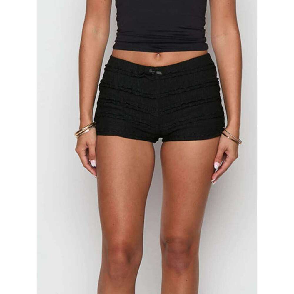 New Fashion Womens Summer Bodycon Shorts Solid Color Low Waist Ruffled Mini Bow Front Short Pants Hot Sale S M L H260226-image-1095497114