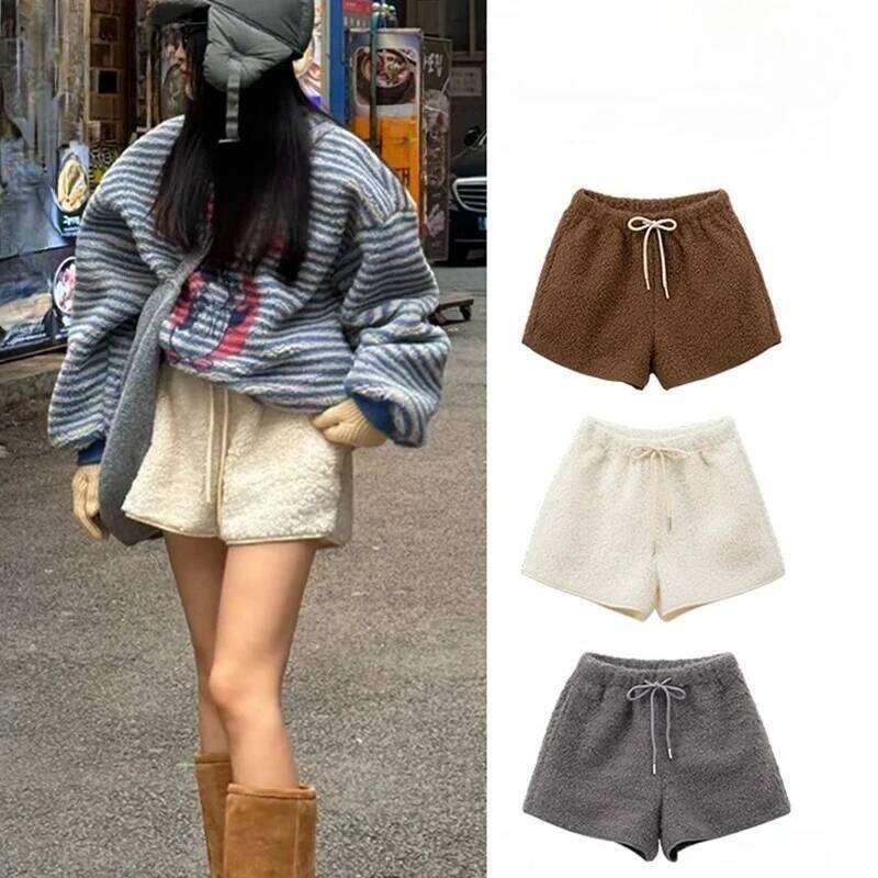 Y2k Autumn Winter Faux Lamb Wool Warm for Women Kawaii Sweet Soft Homewear Shorts Spicy Girl Streetwear Lace-Up Hot Pants H260226-image-1095497100
