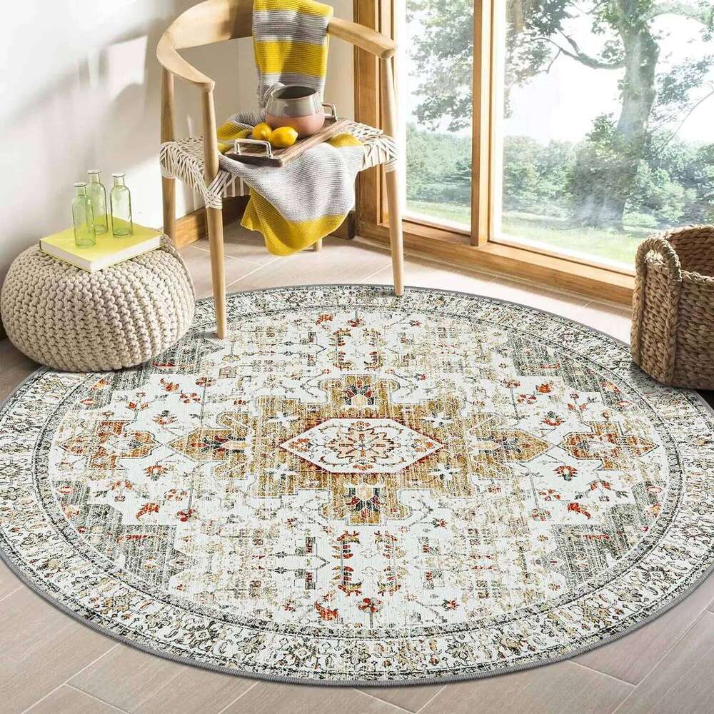 VIKAMA Round Vintage National Style Crystal Velvet Living Room Household Dirt And Wear Resistant Floor Mat H260226-image-1095594895