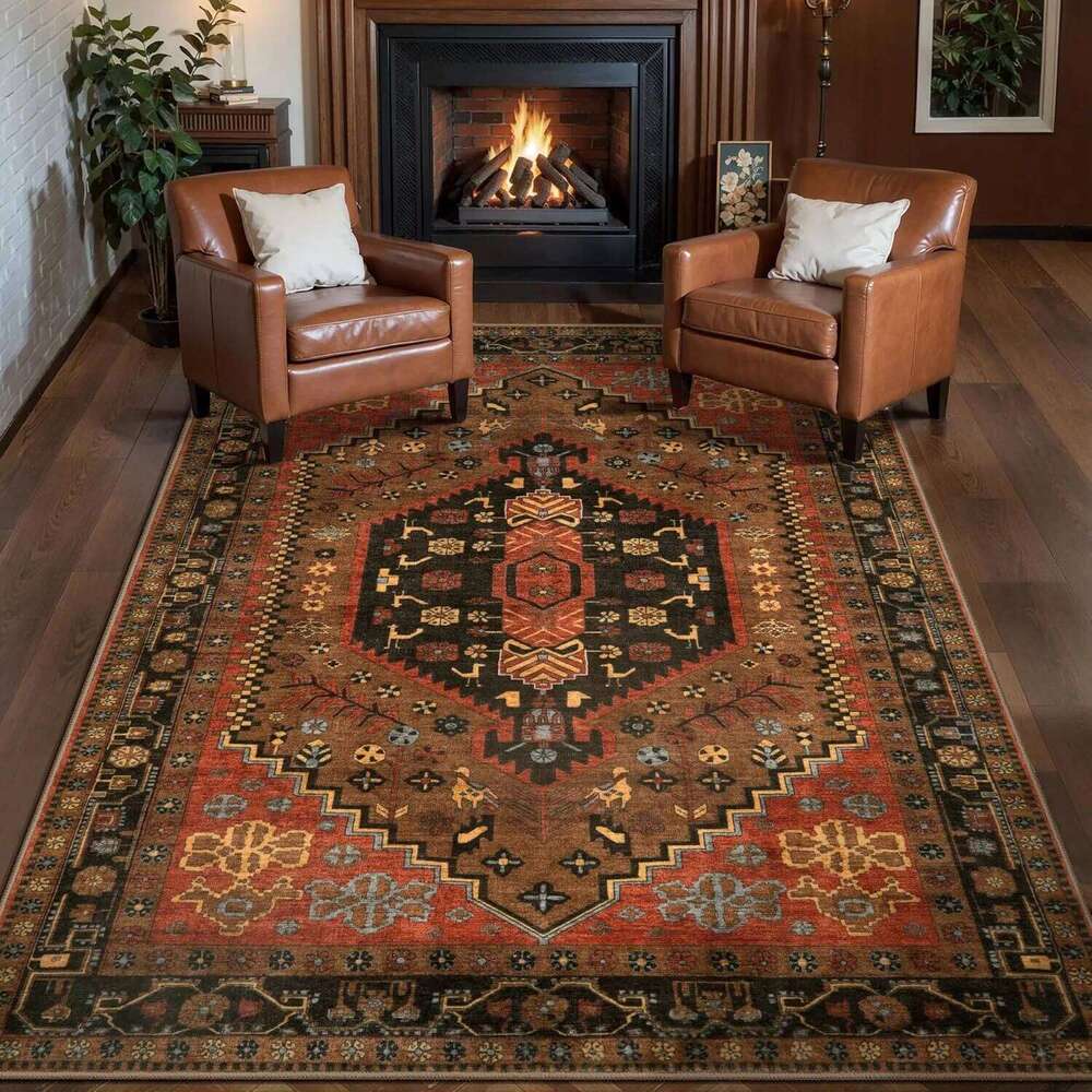 Red Boho Rug Entryway, Non-Slip Washable Rugs Oriental Indoor Mat Floor Carpet for Entrance Bedroom Kitchen Bathroom H260226-image-1095606266