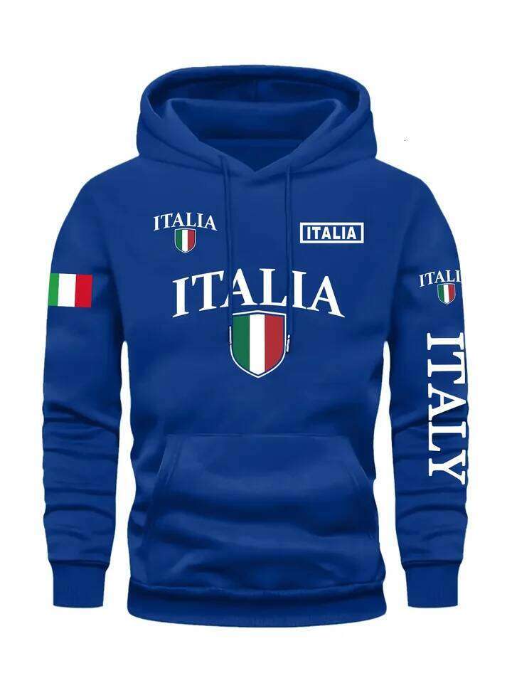 Men's Italy Flag Shield Bold ITALY Letter Print Hoodie Grey Casual Pullover Front Pocket Ribbed Cuffs Comfort Fit Urban Fashion Z260226