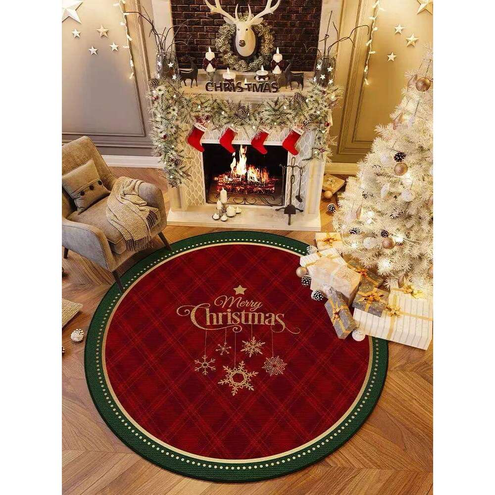 VIKAMA Christmas Red And White Round Carpet With Three-Dimensional Embroidery For Anti-Slip Short Pile Festive Decoration H260226-image-1095646177