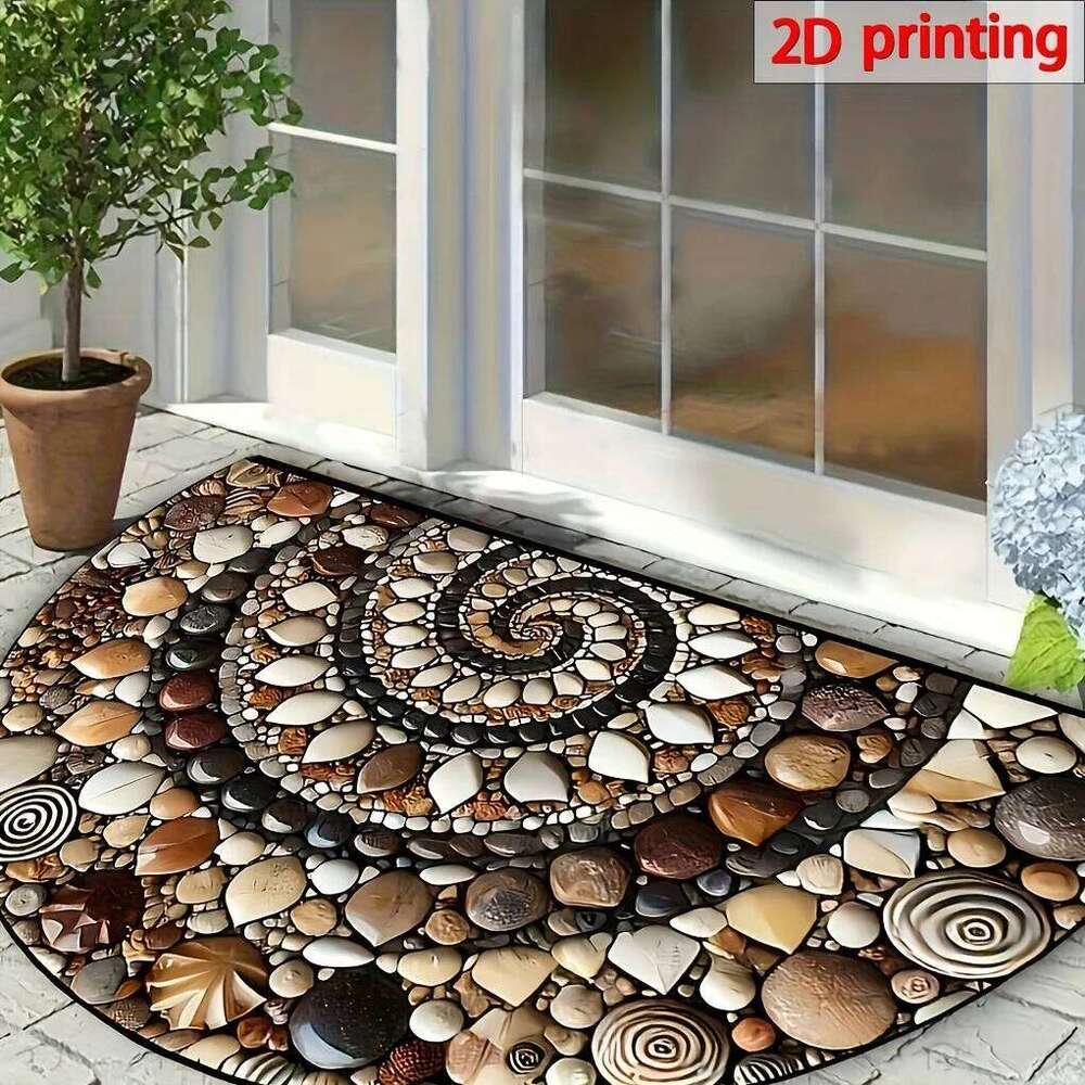 2D Colorful Pebble Doormat - Non-Slip Semicircular Rug Indoor/Outdoor, Stone Pattern Mat for Entryway Kitchen Bathroom Patio H260227-image-1095656081