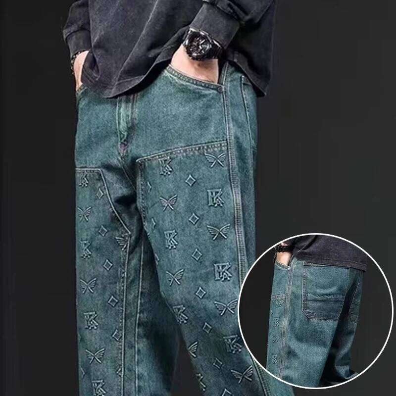 Men's Trend Brand Straight Leg Denim Pants 2024 Aesthetic Streetwear Designer Trousers Chic Steel Stamp Graphic New Jeans Male Z260227