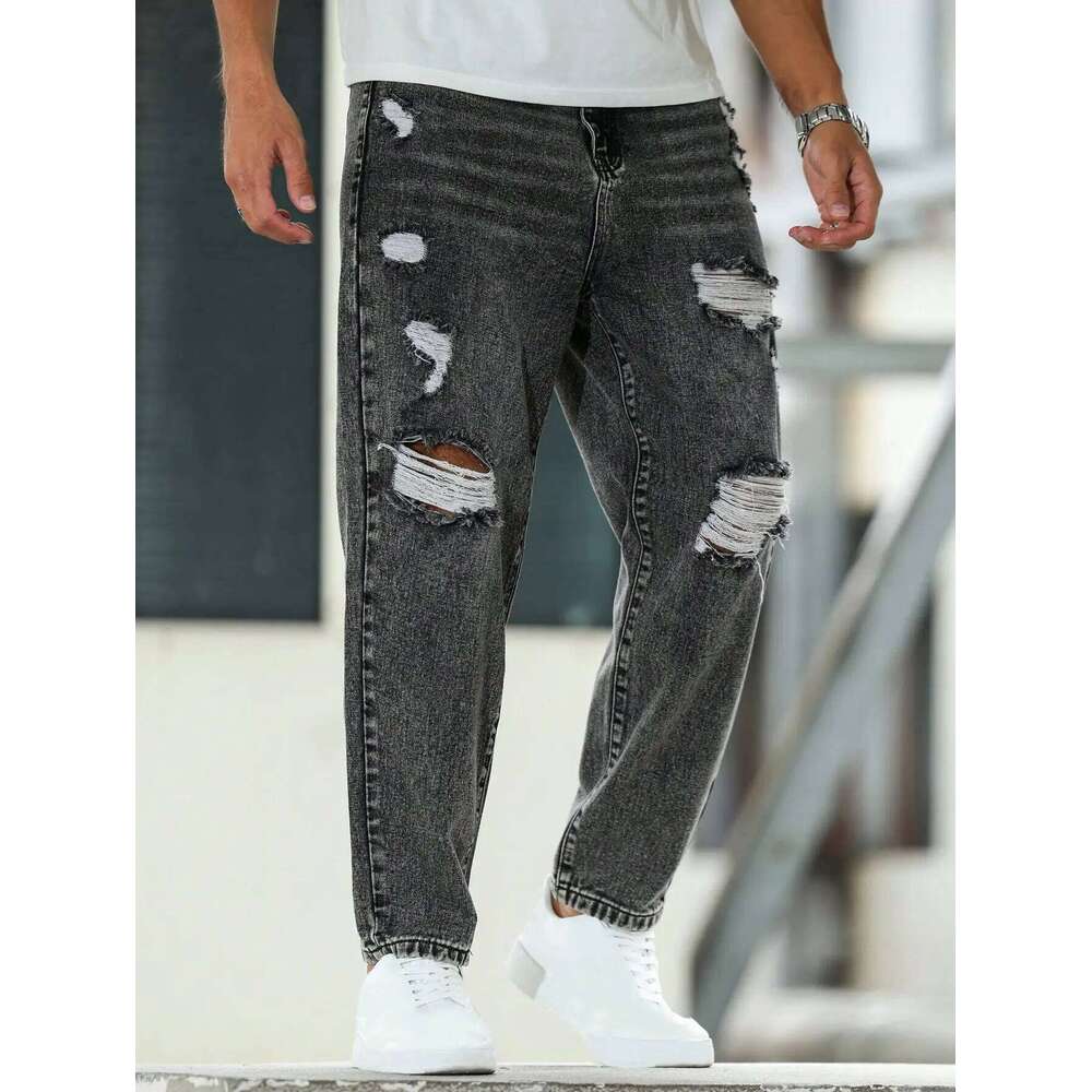 Jean déchiré pour hommes pour le printemps et l'automne, sarouel gris foncé.Style de rue.Tendance décontractée.Z260227