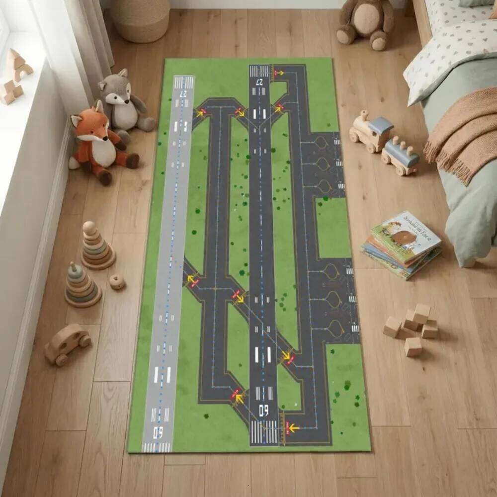 Realistic Airport Runway Carpet Mat Rug, Aviation Theme & Interactive home decoration with Grey Green Tone for Hallway Playroom H260226-image-1095647344