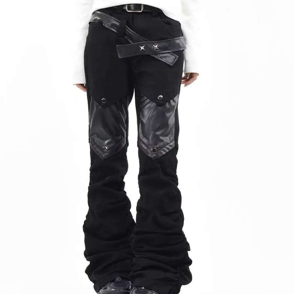 Jean Micro Flare à jambes droites en PU pour hommes et femmes, Streetwear européen et américain, Patchwork à poils plissés, Cyberpunk Rock, Z2602