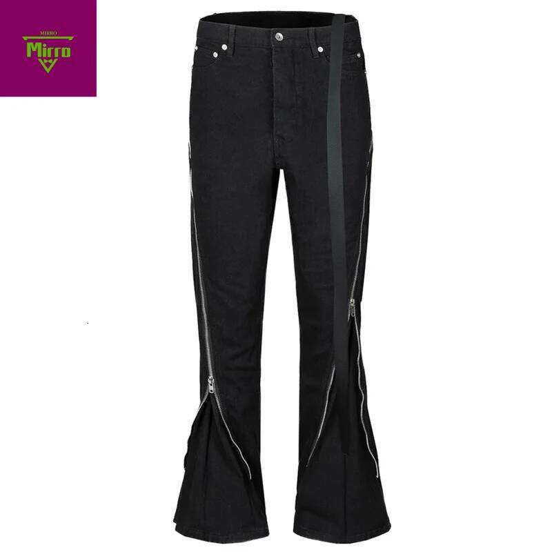 MirrordustFashion – pantalon évasé en Denim noir pour hommes, Double fermeture éclair, longs rubans, Streetwear, Harajuku Hipster, Z260227