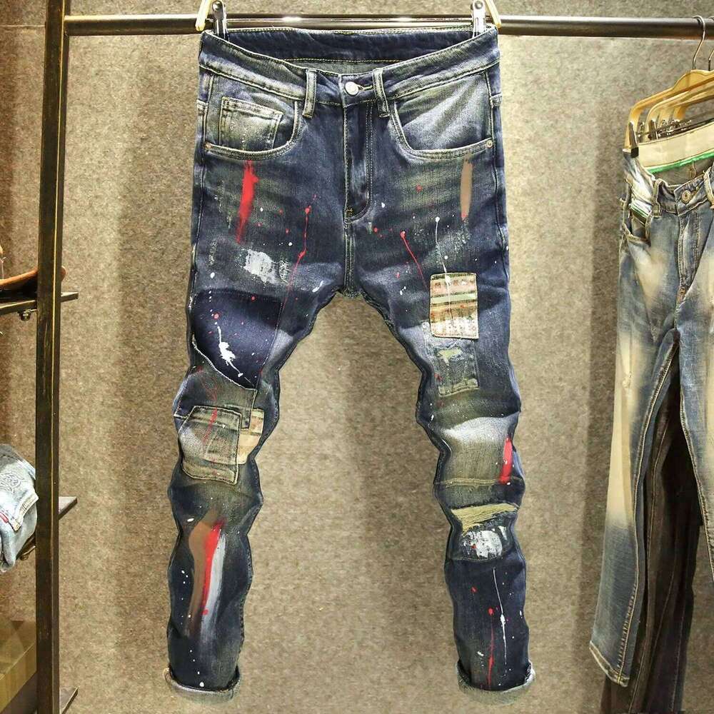 Jean déchiré de marque de luxe, haute qualité, coupe Slim, tendance, éclaboussures d'encre, pantalon d'automne, Z260227